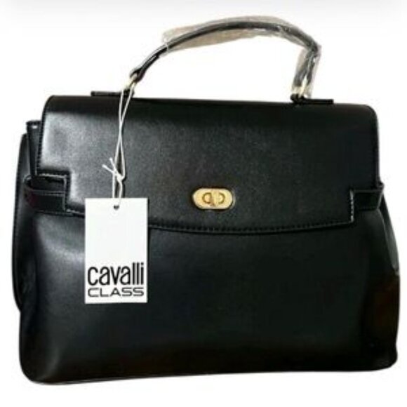 Class Roberto Cavalli Handbags - NWT- CAVALLI TATIANA LARGE BLACK POLISHED STRUCTURED BAG WITH TOP HANDLE